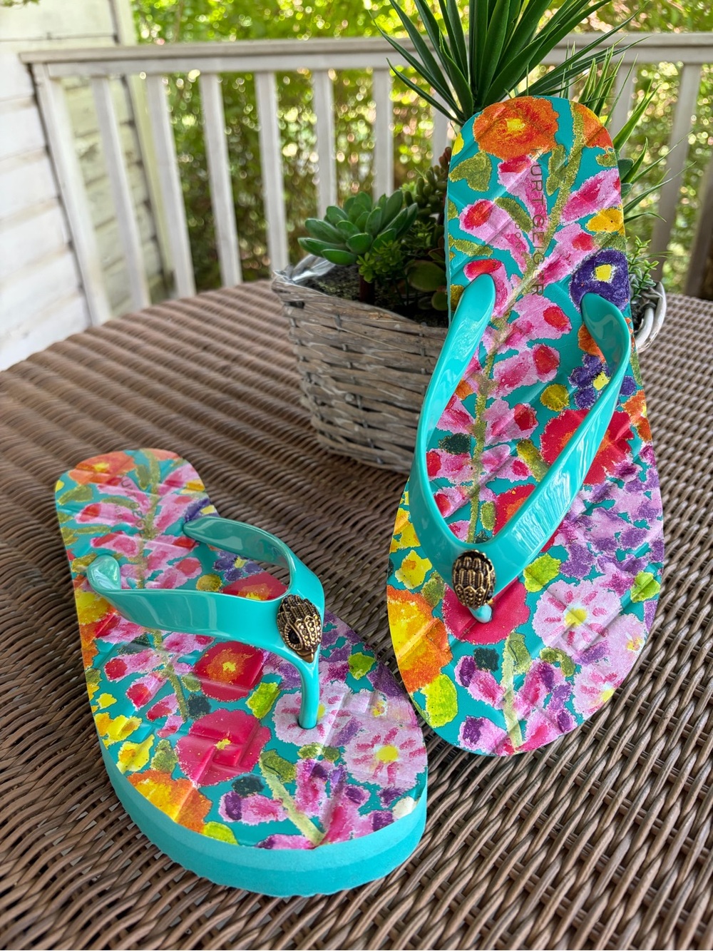 Women’s Floral Turquoise Flip Flop Sandals - Colorful Garden Print